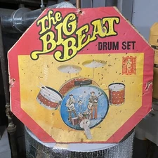Vintage 1960’s “Big Beat Drum Set” Graphics Sign  The Beatles Noble & Cooley Toy