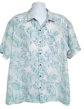 Van Heusen Shirt Mens XXL Short Sleeve Green Blue Leaves Tropical