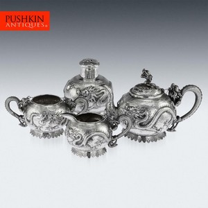 ANTIQUE 19thC CHINESE EXPORT TU MAO XING SOLID SILVER DRAGON TEA SET c.1890
