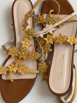 Oscar De La Renta Strappy Thong Sandals Flats Embellish Cut Out Flowers  EU 38.5