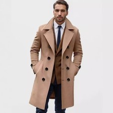 Men's Woolen Trench Coat French Business Overcoat Winter Warm Long Top Coat UK