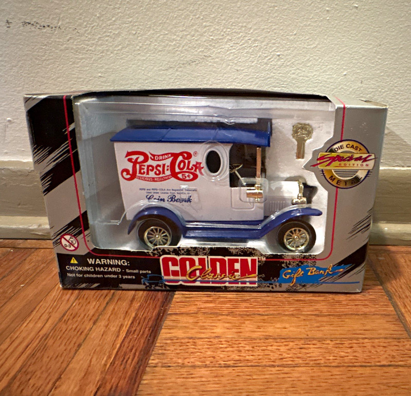 Pepsi-Cola White/Blue Soda Theme Van Coin Bank w/ Key in Box