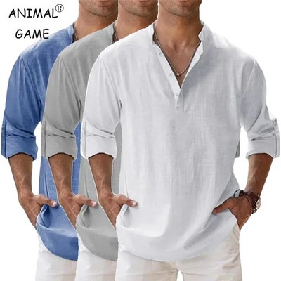 Herren Leinen-Optik Hemd Tops Freizeit Knopf T-Shirt Bluse Langarm Oberteile DE