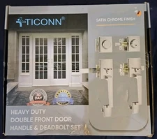 TICONN Heavy Duty Double Front Door Handle & Deadbolt Set - Satin Chrome Finish