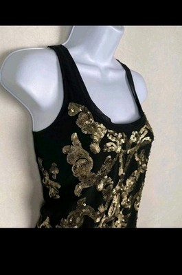  Express S/P Dressy Black & Gold Tank Top Sequin Detail Lined Stretch Baroque 