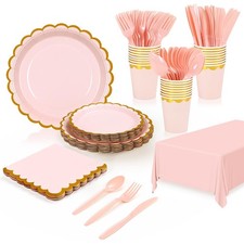 176 Pieces of Pink Paper Plates, Party Plates and Cups and Napkins Sets, Pink...