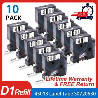 10PK For Dymo D1 Black on White S0720530 Label Tape Cassette 45013 1/2'' 12mm 160