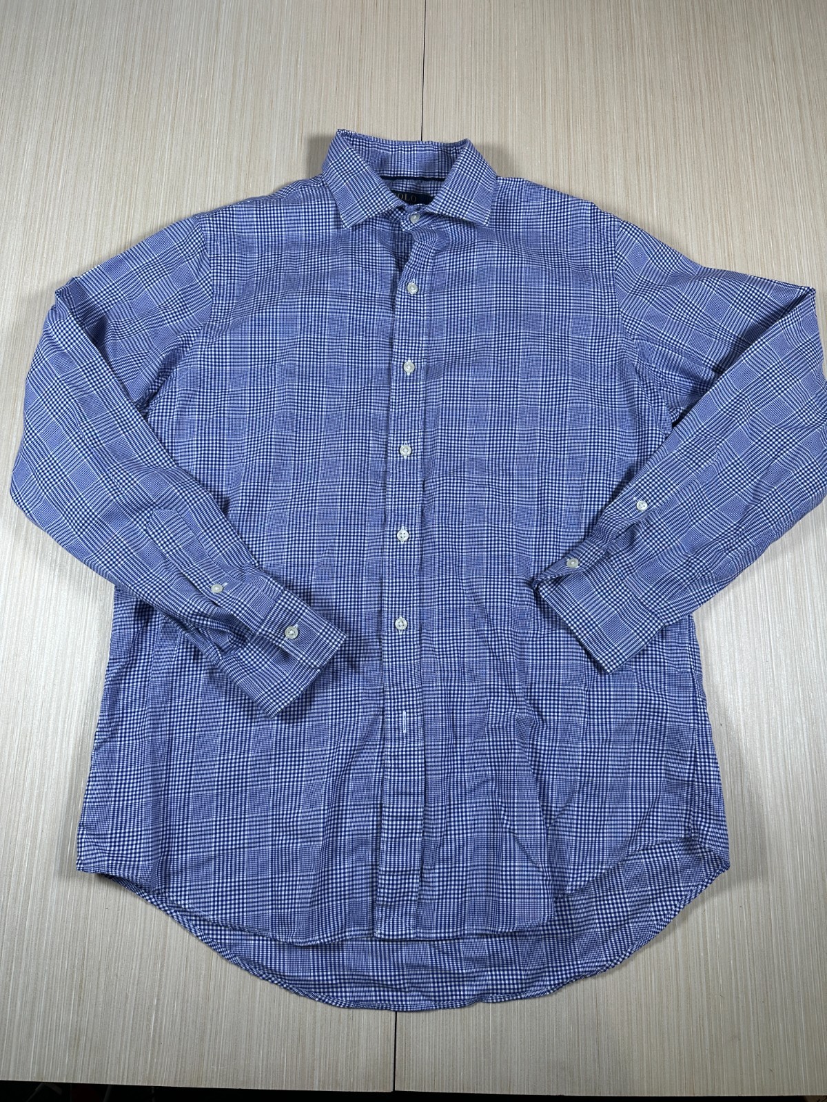Polo Ralph Lauren Shirt Men Medium Blue White Plaid Cotton Long Sleeve Button-Up