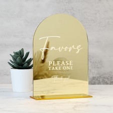 Acrylic Wedding Favors Sign W/ Stand- 5"x7" Gold Mirror Arched Wedding Table