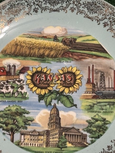 Vintage Kansas Sunflower State Souvenir Plate Wheat Field State Capitol 8”