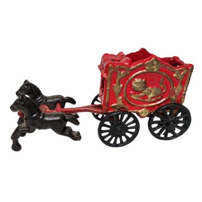 Vintage Cast Iron Toy Horse Drawn Red Lion Circus Wagon With 2 Horses READ