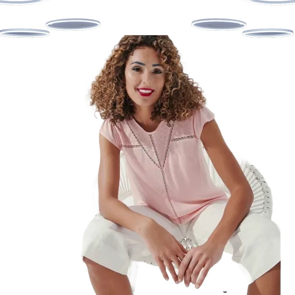 Ex Crew Clothing Women's Short Sleeve Broderie Mix T-Shirt in Pink