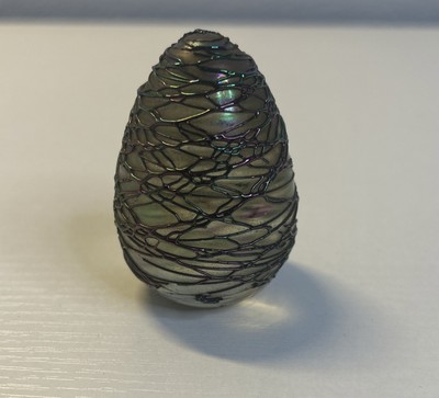 Unique Iridescent Threaded Glass Egg Paperweight 1990