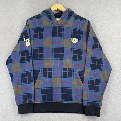 Jordan Hoodie Sweatshirt Mens Large Blue Plaid Jumpman Spellout Logo Basketball