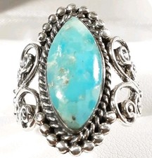 925 STERLING SILVER BEADED  BRAIDED SCROLLS DESIGN TURQUOISE SIZE 8 RING 6.5g