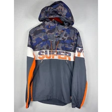 Superdry Men's Small Colorblock Camo Anorak Hoodie Jacket Orange Blue