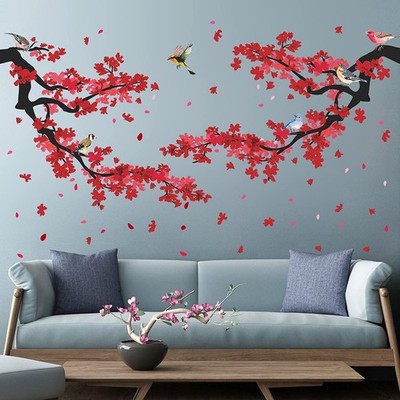 3D Red Plum Branch Wall Sticker Creative Flower Birds 12 inch x 18 inch, A