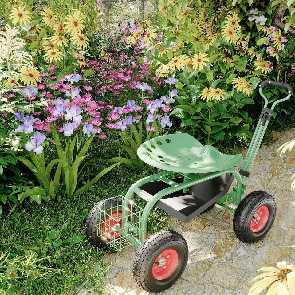Outdoor Rolling Cart Garden Seat with Wheels w Adjustable 360° Swivel&Tool Tray - Image 2 of 4