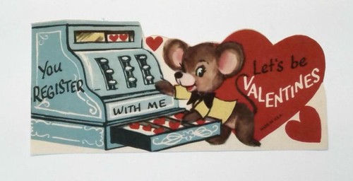 Vintage 1960s Valentine Card Cute Mouse & Cash Register Die-Cut 4.5"w