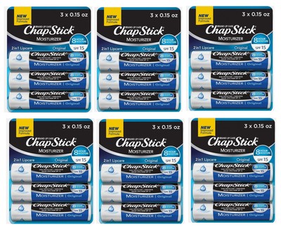 Lot of 6 ChapStick Moisturizer Original Lip Balm Tubes SPF 15 3 Ea