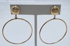 14K Yellow Gold Modernist Large Drop Hoop Earrings 1.5