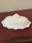 Vintage Fenton Oval Butter Dish with Crown Top Lid Milk Glass Hobnail White 3777