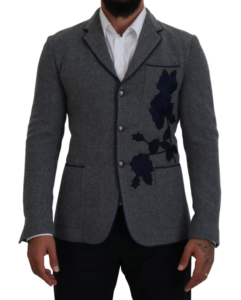 ジャケット Dolce & Gabbana Dark Grey Wool Blazer DOLCE & GABBANA Blazer Gray Wool Roses Slim Fit Jacket IT44