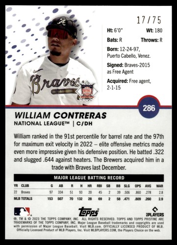 2023 Topps Pristine William Contreras refractor azul 17/75 Braves #286 - Imagen 2 de 2