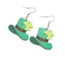 Acrylic St. Patrick's Day Irish Shamrock Glitter Hats Dangle Earrings - New