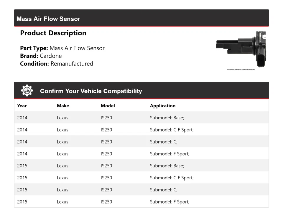 Sensor de flujo de aire masivo cardone para Lexus IS250 2014-2015 Foto 2 de 4