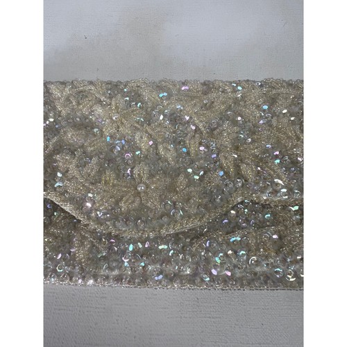 Vintage Beaded Evening Clutch Iridescent Sequins Made Hong Kong Cream - Picture 16 of 20