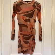 Pretty Little Thing Size 16 Sheer Dress Orange Brown Ruching Festival Party 