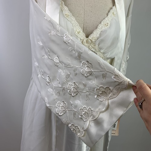 Vintage Peignoir Cinema Etoile 2pc Satin Wedding Chemise White Floral Set Size M - Picture 3 of 10