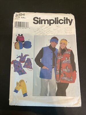 Simplicity Sewing Pattern Vest Hat Scarf Mittens Backpack S M L Precut 8394