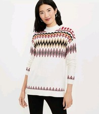 Ann Taylor LOFT Fair Isle Mock Neck Tunic Ski Sweater, size L, Whisper White