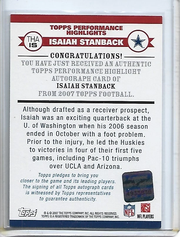 Isaiah Stanback 2007 Topps Performance Highlights Autographs #THAIS-Cowboys - Image 2 of 2