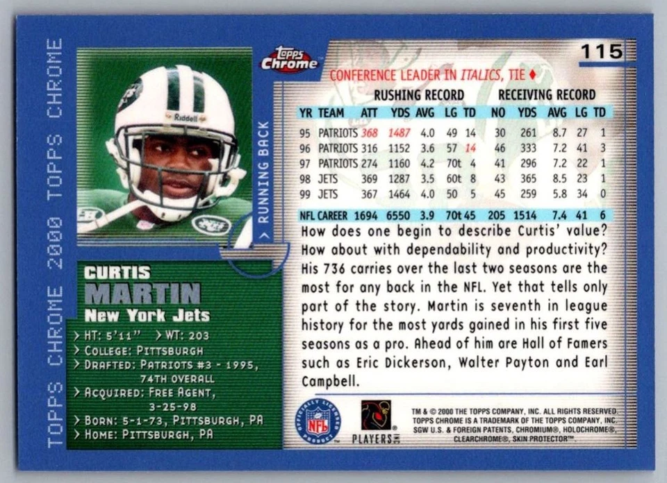 2000 Topps Chrome Curtis Martin New York Jets #115 - Image 2 of 2