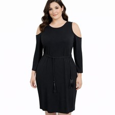 CALVIN KLEIN Size 4 Tasseled Cold Shoulder Long Sleeve Belted Little Black Dress