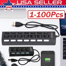 USB Hub 7 Port On/Off Switch High Speed Splitter AC Adapter Cable PC Laptop Lot