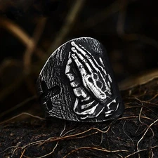 Vintage Praying Hands Cross Ring Stainless Steel Men's Protect Us Biker Ring