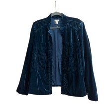 Chico's Teal Blue Velvet Open Front Jacket Smocked Braided Trim Size 2 Large