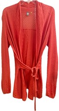 ANTHROPOLOGIE/KNITTED&KNOTTED (L) Coral Eyelet Crochet Tie Linen Blend Cardigan