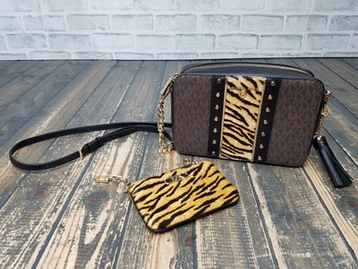 Michael Kors Jet Set Medium Camera Calf Hair Black Brown Multi Crossbody Bag +