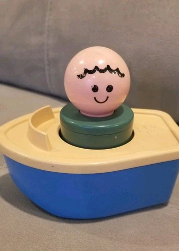 Vintage Jumbo Chunky Fisher Price Blue Tug Boat & Little People Figure 1974