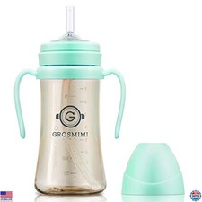 GROSMIMI No-Spill Sippy Cup with Straw  Handle - 10 oz Aqua Green, BPA Free