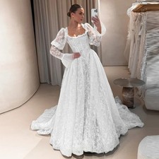 Exquisite A-line Lace Square Collar Wedding Dress Full Cap Sleeves Bridal Gown