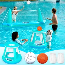 JOYIN Inflatable Pool Float Set Volleyball Net & Basketball Hoops, Floating S...