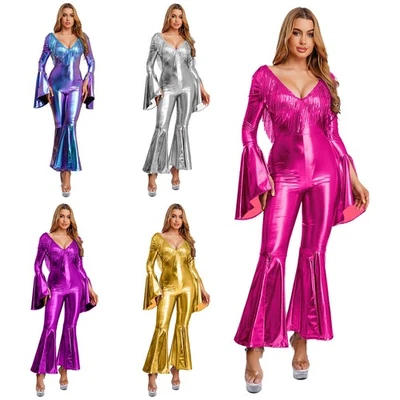 Damen Disco Jumpsuit 70er Disco Kostüm Hippie Outfit V-ausschnitt Overall Rave - Bild 1 von 3