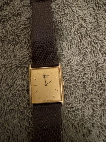 Vintage Seiko Tank Gold Watch Lizard Strap