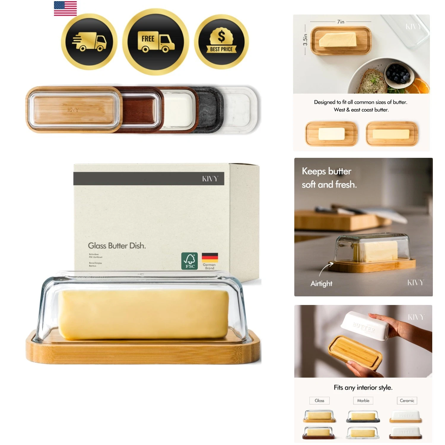 Glass butter dish with airtight lid that keeps butter soft - For countertop a...